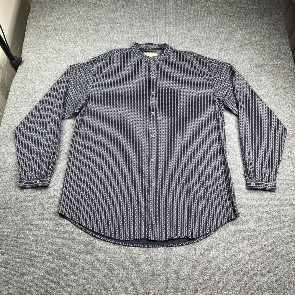 Scully‎ Banded Collar Shirt Mens Large Navy Blue Striped Floral Western